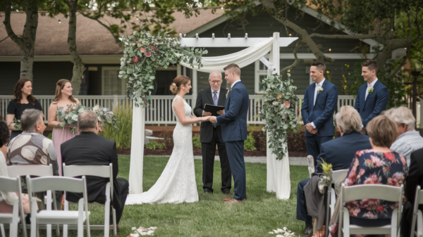 Enchanting backyard wedding decorations including string lights, floral arrangements, and unique seating setups for a magical outdoor celebration.