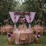 Elegant wedding decor with rose gold and purple floral arrangements and ambient lighting