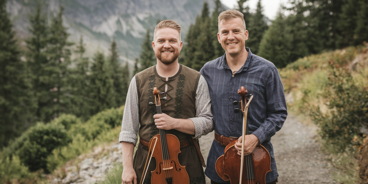 Two musicians in rustic attire holding string instruments, standing on a scenic mountain path.