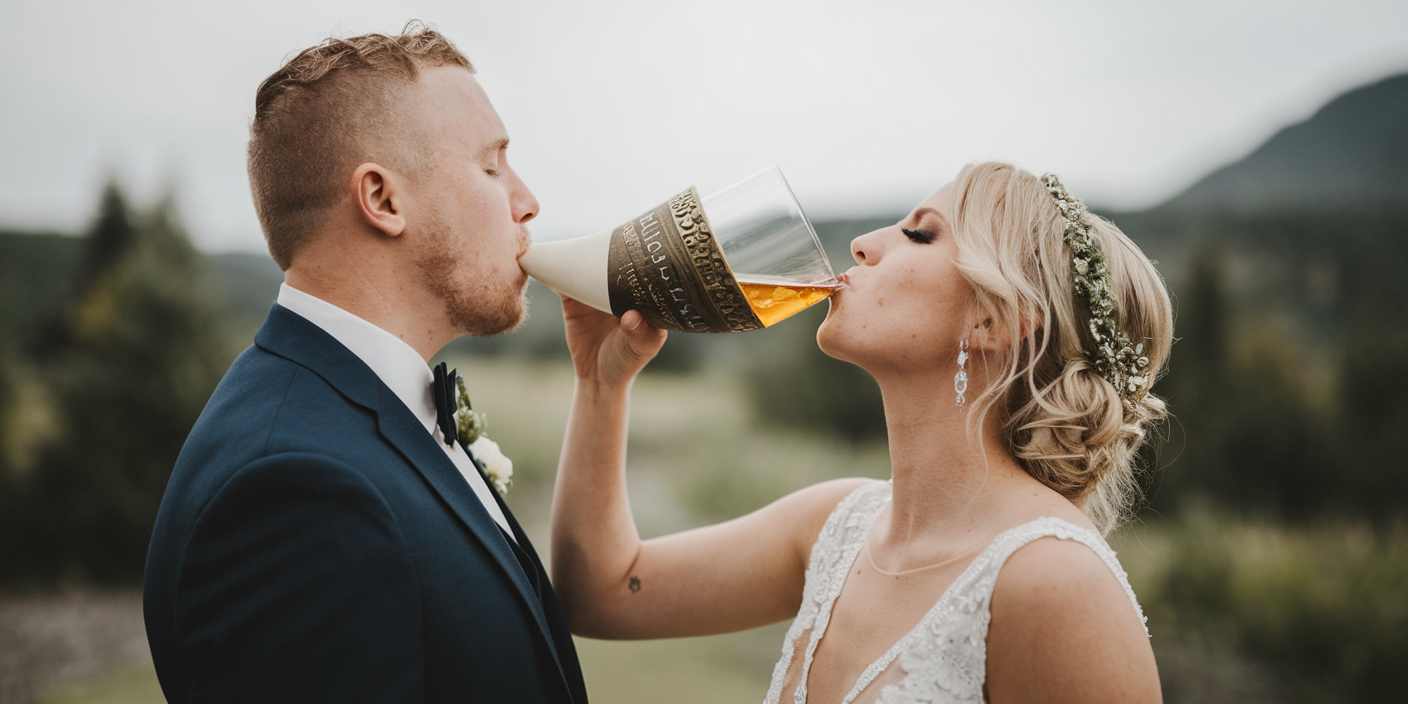 Bride and groom sharing a drink from a Viking drinking horn at their wedding.