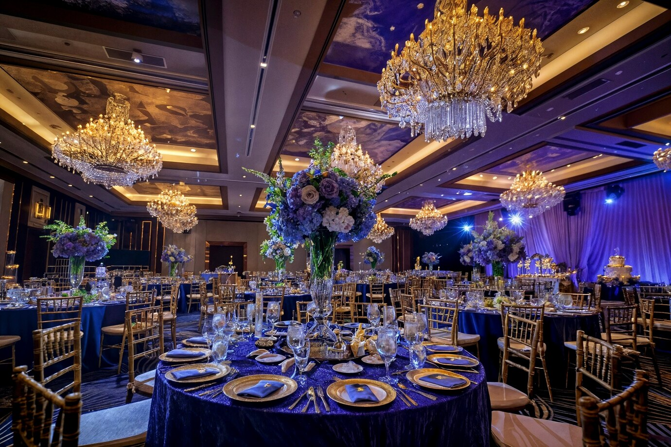 Wedding dinning table on blue theme with floral decoration