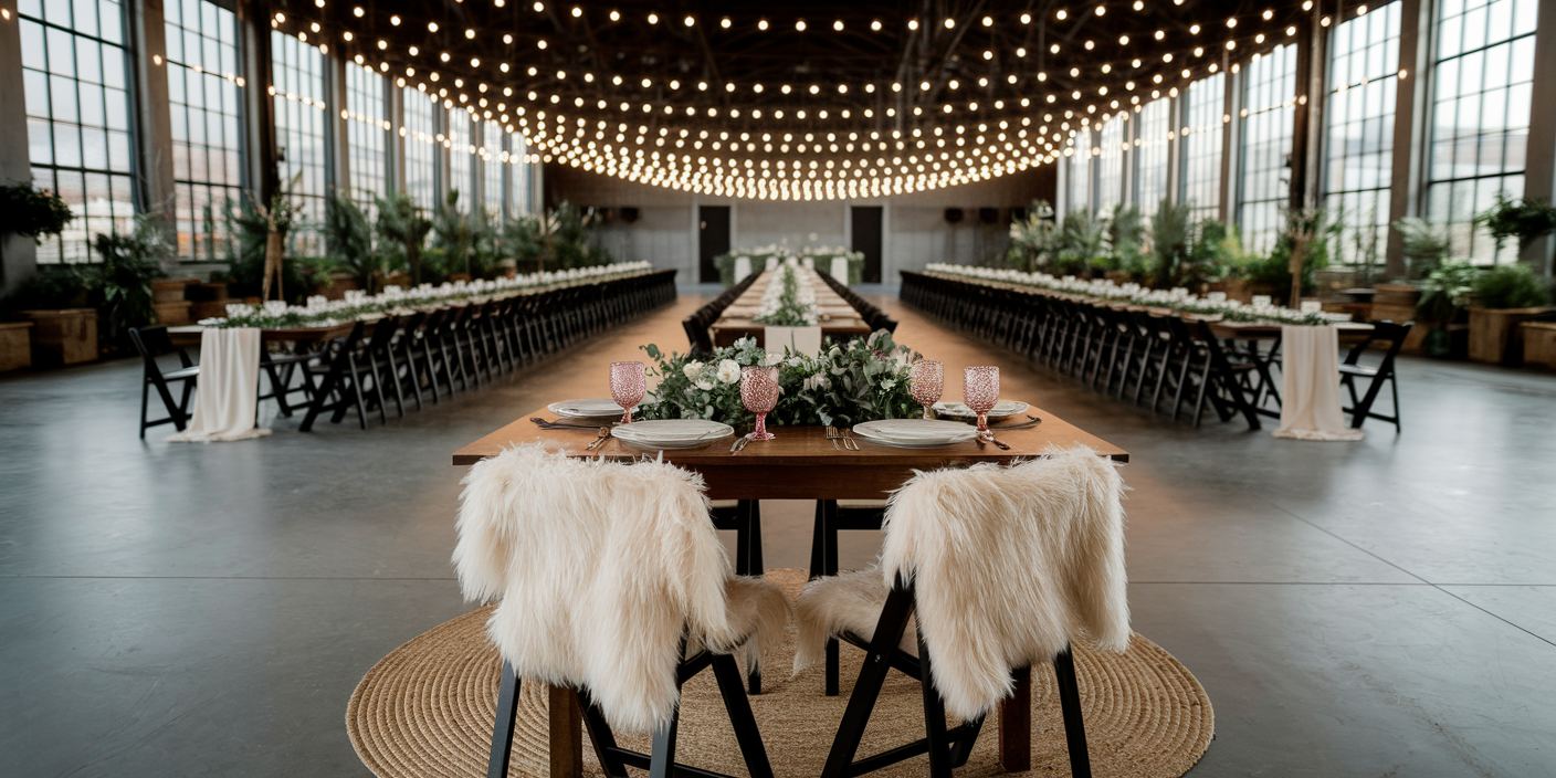 Elegant wedding reception setup in an industrial venue with long tables, string lights, and cozy fur-covered chairs