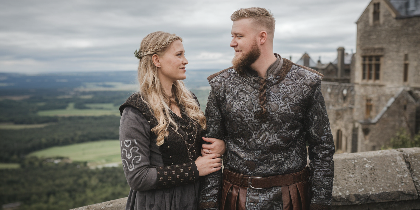 Viking-themed wedding couple in traditional medieval attire at a castle backdrop.