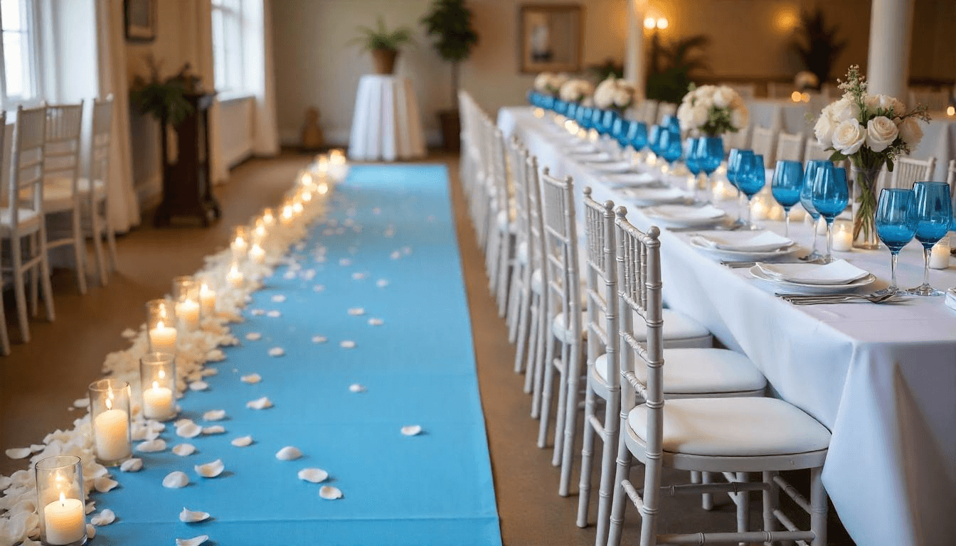 Stunning Aisle and Table Decor in Blue and White Tones