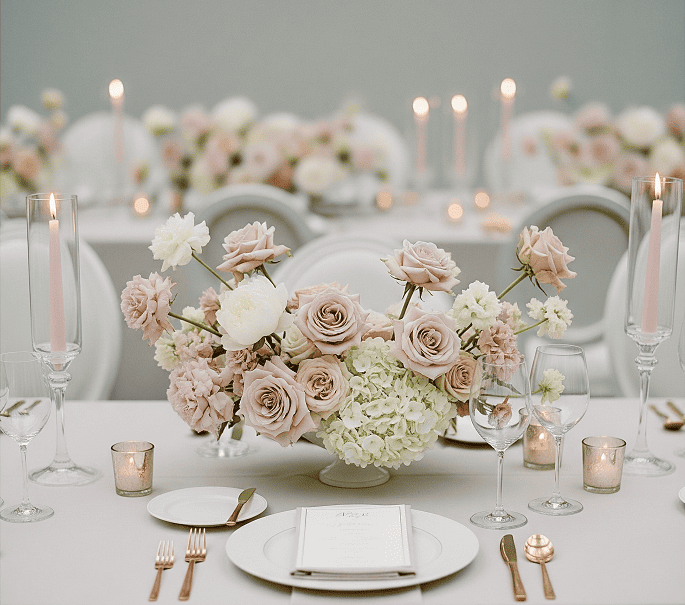 A classic floral centerpiece with white roses, eucalyptus, and soft pink peonies arranged in a crystal vase, placed on a round wedding table with candles — symbolizing elegance, romance, and timeless wedding décor.
