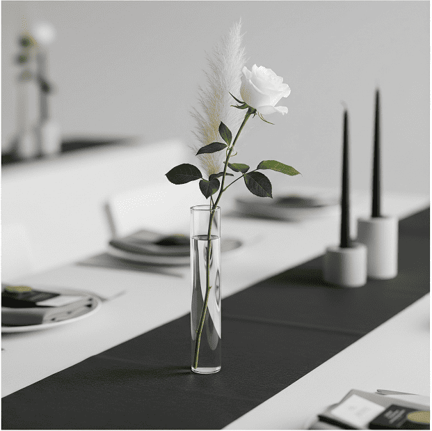 A modern and minimalist wedding centerpiece with a single orchid stem in a sleek glass vase, surrounded by geometric candle holders on a white linen table.