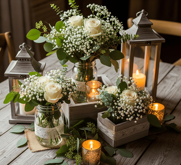 A rustic elegance wedding centerpiece featuring mason jars filled with wildflowers, dried lavender, and twine-wrapped candles on a wooden slab, creating a cozy, countryside-inspired charm.