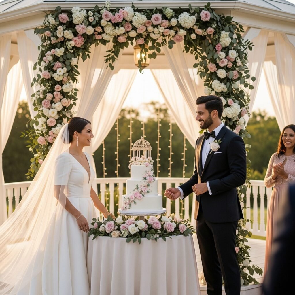 Elegant gazebo-style cake topper placed on a multi-tier outdoor wedding cake, capturing the latest romantic wedding trend. Elegant gazebo-style cake topper placed on a multi-tier outdoor wedding cake, capturing the latest romantic wedding trend.