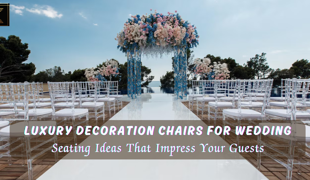 Elegant wedding chairs decorated with white fabric sashes and floral arrangements, arranged in a garden ceremony setting under natural sunlight.