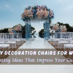 Elegant wedding chairs decorated with white fabric sashes and floral arrangements, arranged in a garden ceremony setting under natural sunlight.