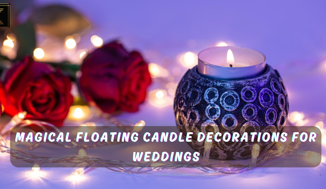 Romantic wedding table setup with floating candles in glass vases surrounded by rose petals and greenery, creating an elegant and glowing centerpiece ambiance.