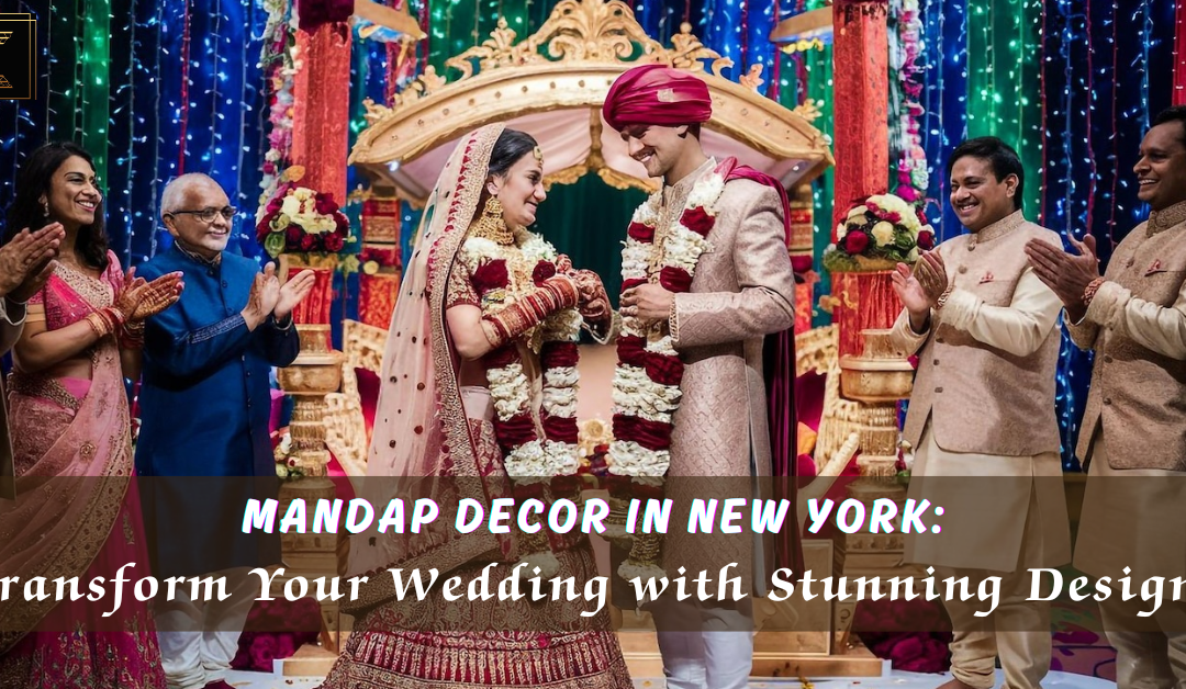 Luxurious outdoor mandap decor with floral canopy and elegant drapes at an Indian wedding ceremony in New York