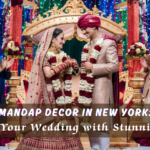 Luxurious outdoor mandap decor with floral canopy and elegant drapes at an Indian wedding ceremony in New York