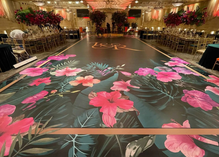 Elegant wedding floor wrap designs with floral patterns for a romantic aisle look