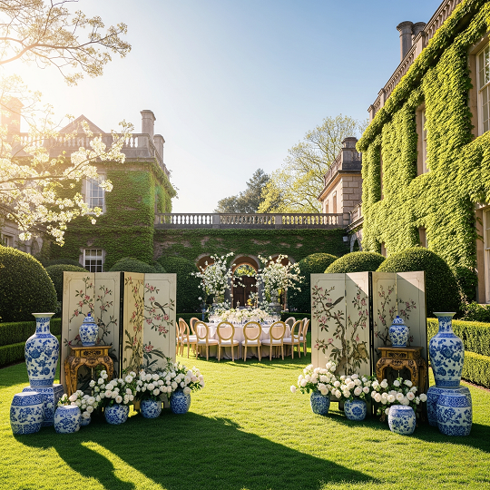 Chinoiserie decor with blue and white vases, oriental prints, and pastel flowers for a romantic estate wedding.