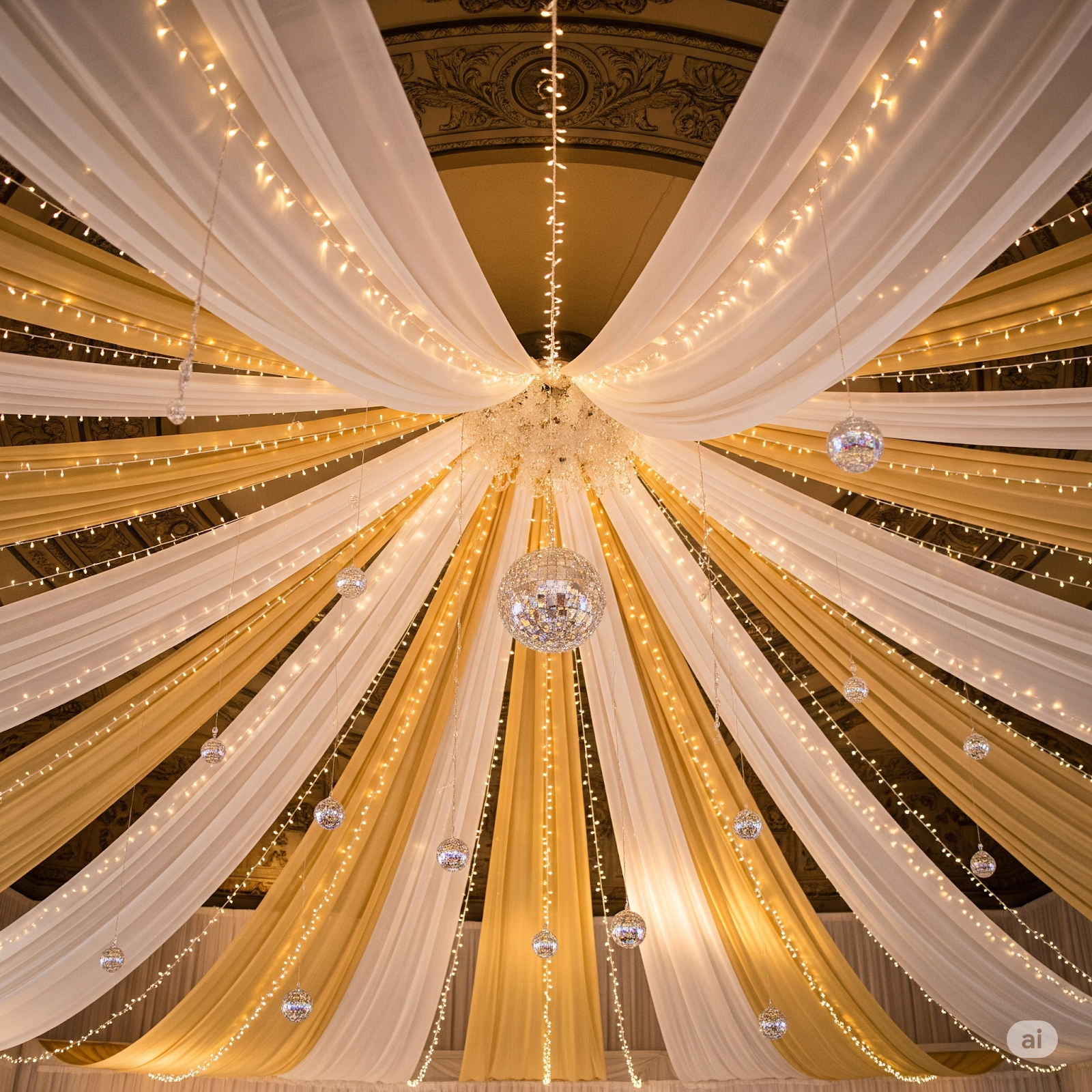 Affordable wedding ceiling designs with fairy lights and draped fabric.