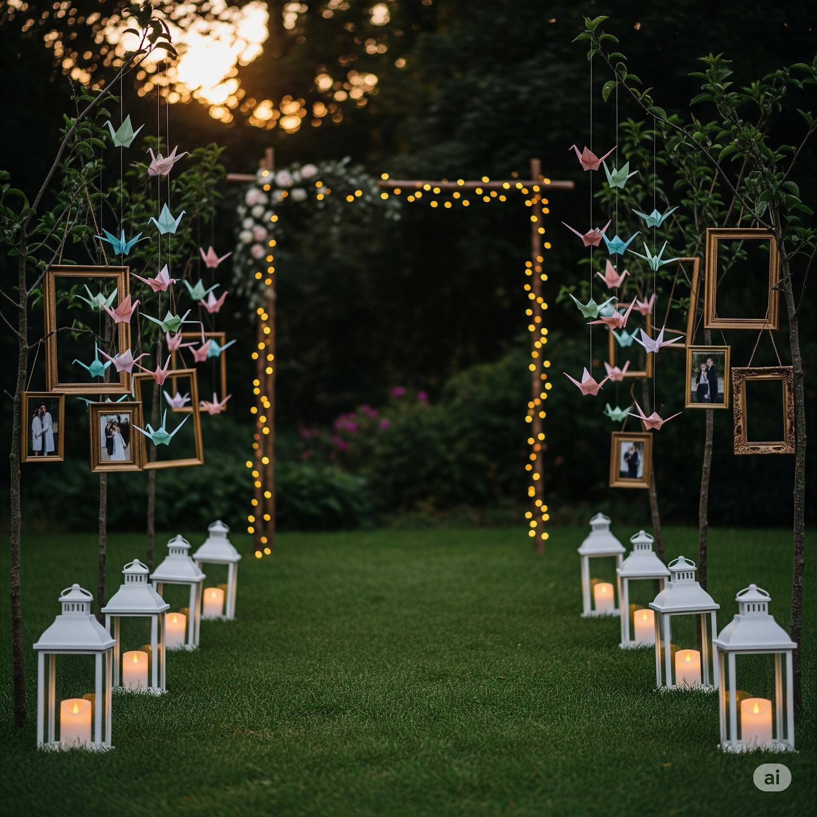 Budget wedding ceremony decor with lanterns, petals, and rustic chairs.