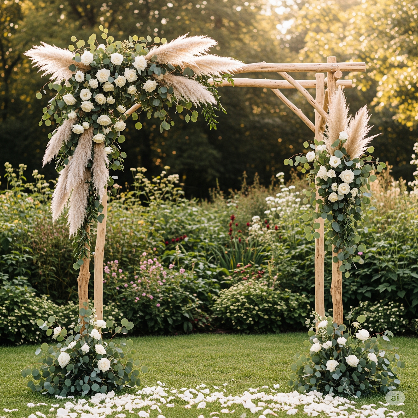 Budget-friendly mandap decor with drapes, marigold flowers, and simple lighting