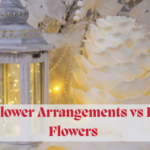 Elegant wedding table setup showing silk flower arrangements vs fresh flowers
