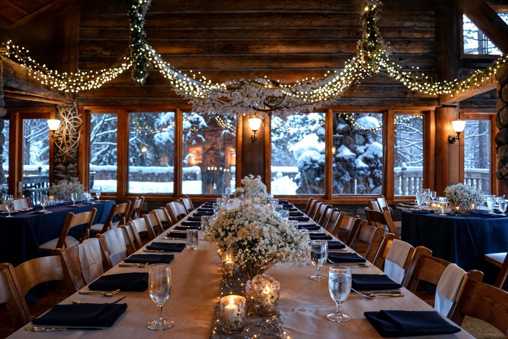 Seasonal Touches for Winter Indoor Wedding Decorations:
Winter indoor wedding decorations with candles and pine garlands.
