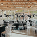 Luxurious emerald green and gold wedding decor with floral arrangements, velvet seating, and gold table accents – 2025 wedding trend