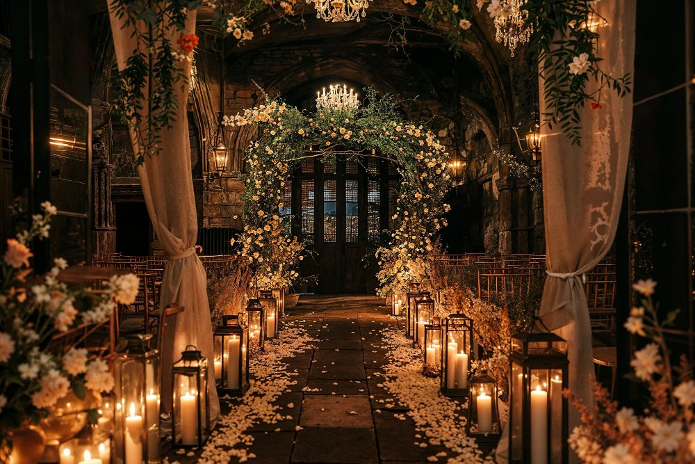 Indoor wedding aisle with velvet runner and candlelit lanterns.