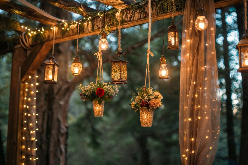 Winter indoor wedding decorations with pine garlands, candles, and snow-white flowers