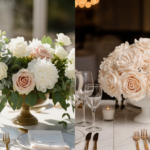Elegant wedding table setup showing silk flower arrangements vs fresh flowers