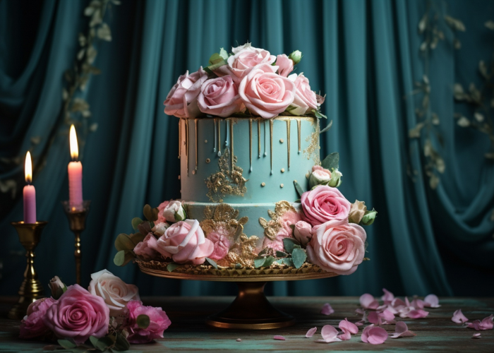 Wedding cake adorned with delicate dusty rose flowers and pastel blue accents for a soft, romantic touch.