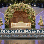 Grand wedding stage décor with floral wall backdrop, chandelier over stage, luxury ceremony draping, and vinyl floor wrap