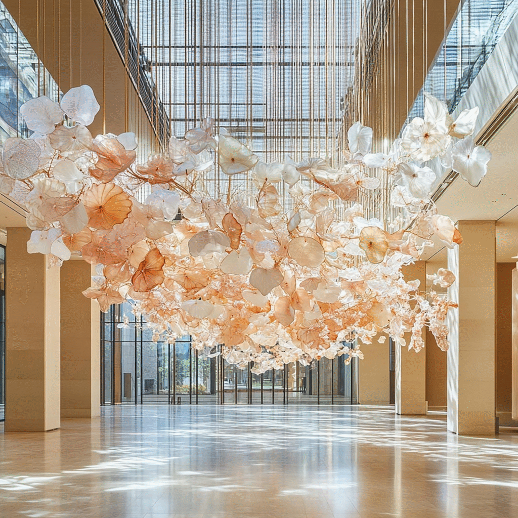 Luxury wedding ballroom transformed with flowing ceiling drapes, hanging floral installations, and elegant lighting creating a magical and immersive ambiance. Luxury wedding ballroom transformed with flowing ceiling drapes, hanging floral installations, and elegant lighting creating a magical and immersive ambiance.