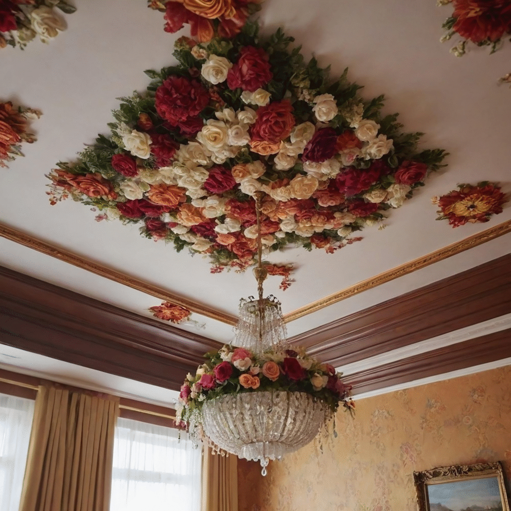 Elegant wedding ballroom ceiling decorated with hanging floral installations, floral chandeliers, and suspended greenery creating a luxurious and romantic ambiance. Elegant wedding ballroom ceiling decorated with hanging floral installations, floral chandeliers, and suspended greenery creating a luxurious and romantic ambiance.