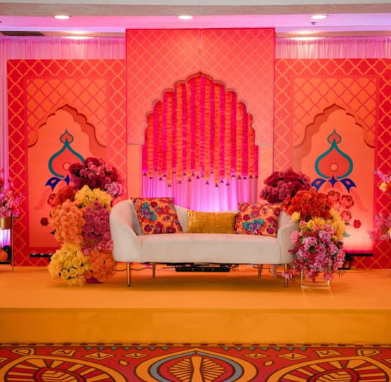 Different wedding stage styles including traditional mandap decor, modern LED stage lighting, and extravagant floral wall backdrops for grand ceremonies Different wedding stage styles including traditional mandap decor, modern LED stage lighting, and extravagant floral wall backdrops for grand ceremonies