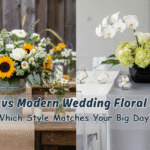 Rustic and modern wedding floral design comparison featuring wildflower bouquets, mason jar centerpieces, and sleek minimalist arrangements on a wedding table