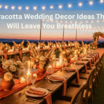 Elegant terracotta wedding decor with floral centerpieces, draping, and ceremony backdrop designed by Elegantize Weddings in New York