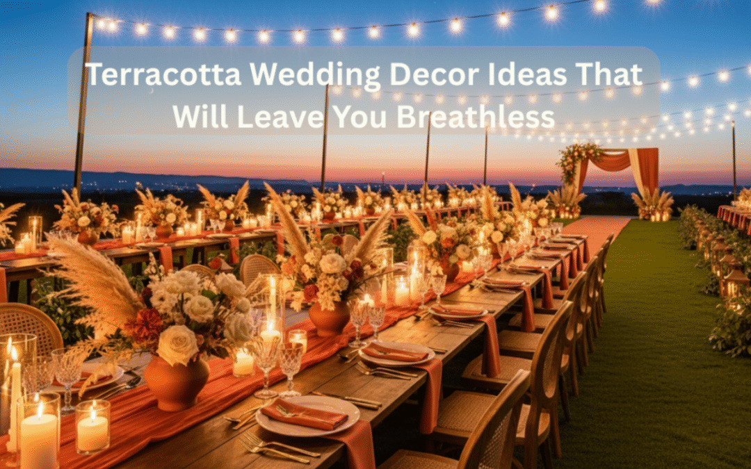 Elegant terracotta wedding decor with floral centerpieces, draping, and ceremony backdrop designed by Elegantize Weddings in New York