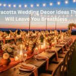 Elegant terracotta wedding decor with floral centerpieces, draping, and ceremony backdrop designed by Elegantize Weddings in New York