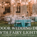Outdoor wedding with fairy lights setup in a garden venue under starry night.