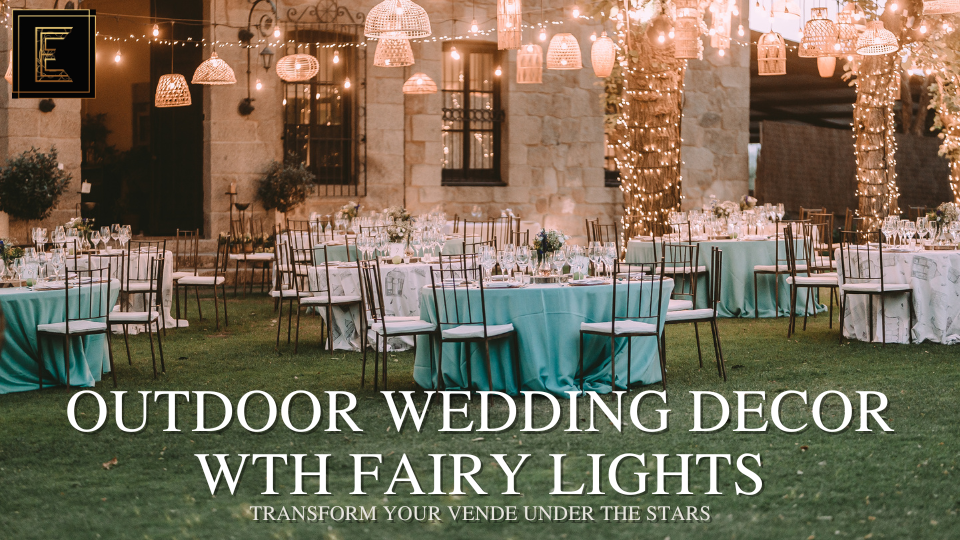Outdoor wedding with fairy lights setup in a garden venue under starry night.