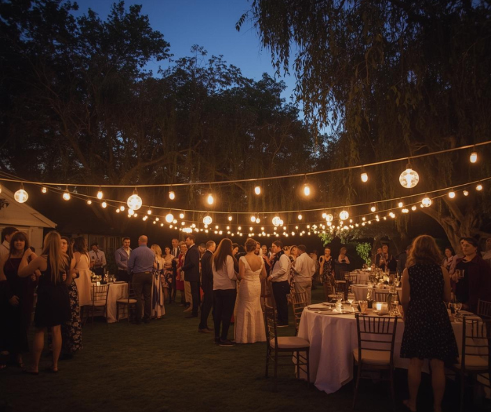 Backyard wedding string lights creating a cozy rustic vibe.