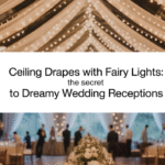 Elegant wedding reception setup with ceiling drapes and fairy lights, creating a romantic glowing canopy designed by Elegantize