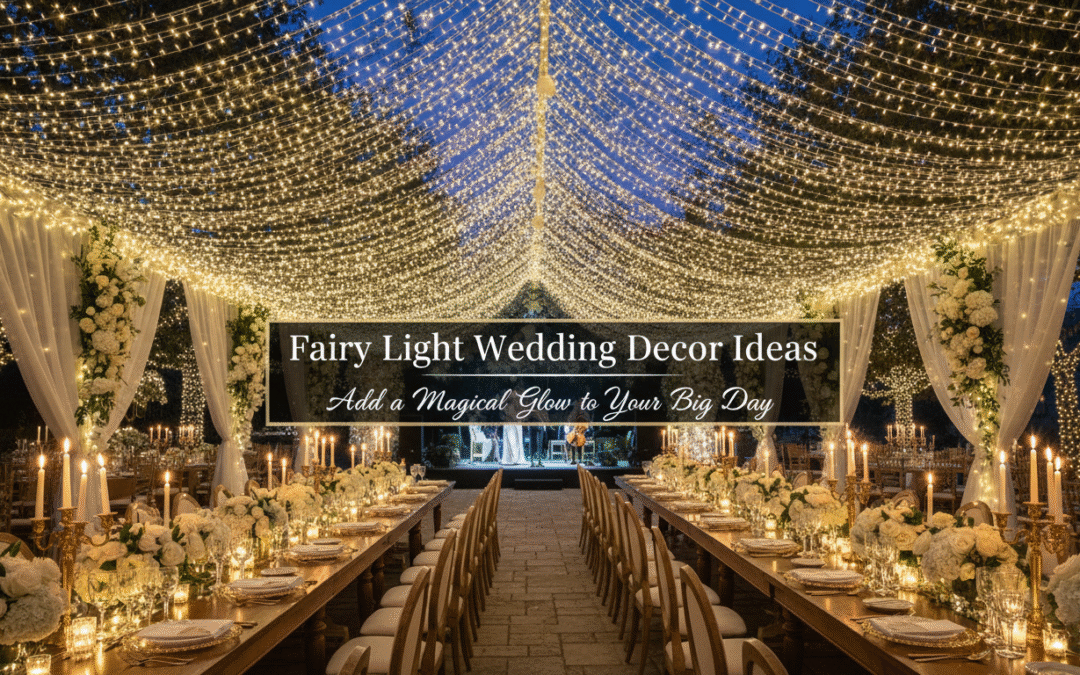 A dreamy wedding venue with fairy light canopy, floral ceiling draping, and glowing table centerpieces creating a romantic and elegant ambiance.