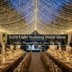 A dreamy wedding venue with fairy light canopy, floral ceiling draping, and glowing table centerpieces creating a romantic and elegant ambiance.