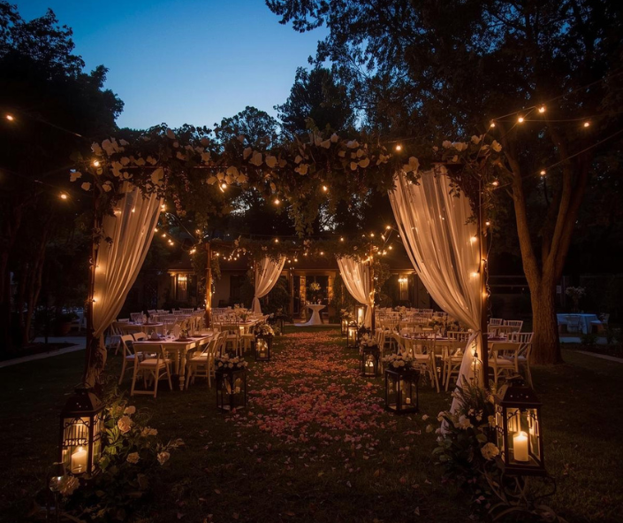 Fairy light outdoor wedding with floral arch and tree lighting.
