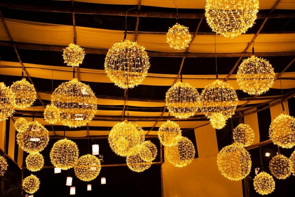 Elegant wedding ceiling drapes with fairy lights creating a romantic and dreamy ambiance, highlighting the final luxurious touches by Elegantize Elegant wedding ceiling drapes with fairy lights creating a romantic and dreamy ambiance, highlighting the final luxurious touches by Elegantize
