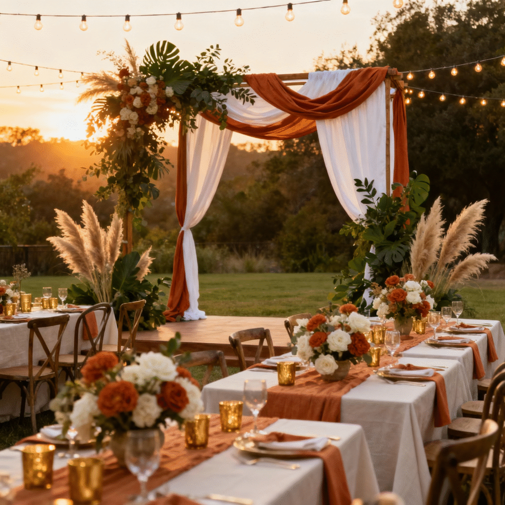 Elegant 2025 wedding setup featuring terracotta-themed decor with warm earthy tones, floral arrangements, and rustic table settings — showcasing why terracotta wedding themes are trending for modern couples. Elegant 2025 wedding setup featuring terracotta-themed decor with warm earthy tones, floral arrangements, and rustic table settings — showcasing why terracotta wedding themes are trending for modern couples.