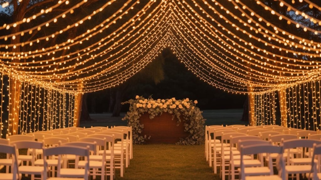 A beautifully lit outdoor wedding setup featuring fairy lights draped across trees and marquee frames, creating a romantic, glowing ambiance under the night sky. A beautifully lit outdoor wedding setup featuring fairy lights draped across trees and marquee frames, creating a romantic, glowing ambiance under the night sky.