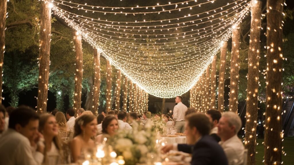 A beautifully decorated wedding canopy with cascading fairy lights and floral ceiling draping, creating a romantic and dreamy atmosphere for the ceremony. A beautifully decorated wedding canopy with cascading fairy lights and floral ceiling draping, creating a romantic and dreamy atmosphere for the ceremony.