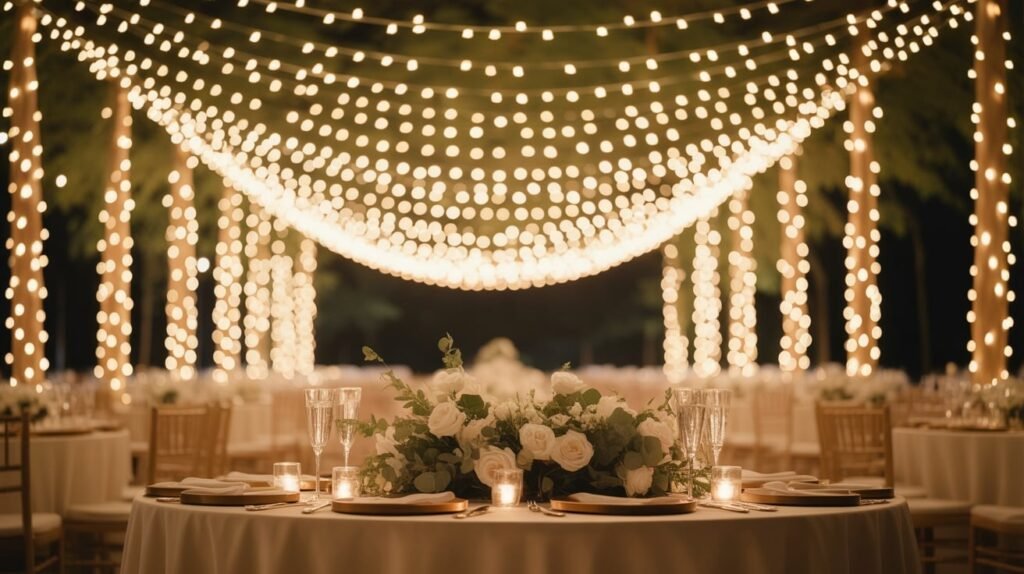 A wedding stage with a twinkling fairy light backdrop and elegant table centerpieces decorated with glowing lights and floral arrangements, creating a romantic and dreamy wedding ambiance. A wedding stage with a twinkling fairy light backdrop and elegant table centerpieces decorated with glowing lights and floral arrangements, creating a romantic and dreamy wedding ambiance.