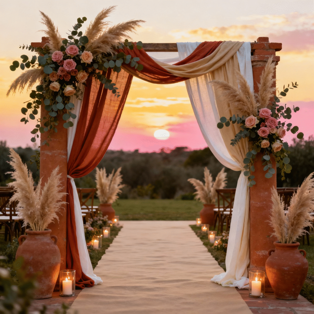 Terracotta-inspired wedding arch decorated with pampas grass, roses, and earthy fabric drapes—creating a warm and romantic ceremony backdrop, part of Elegantize Weddings’ terracotta wedding decor ideas. Terracotta-inspired wedding arch decorated with pampas grass, roses, and earthy fabric drapes—creating a warm and romantic ceremony backdrop, part of Elegantize Weddings’ terracotta wedding decor ideas.